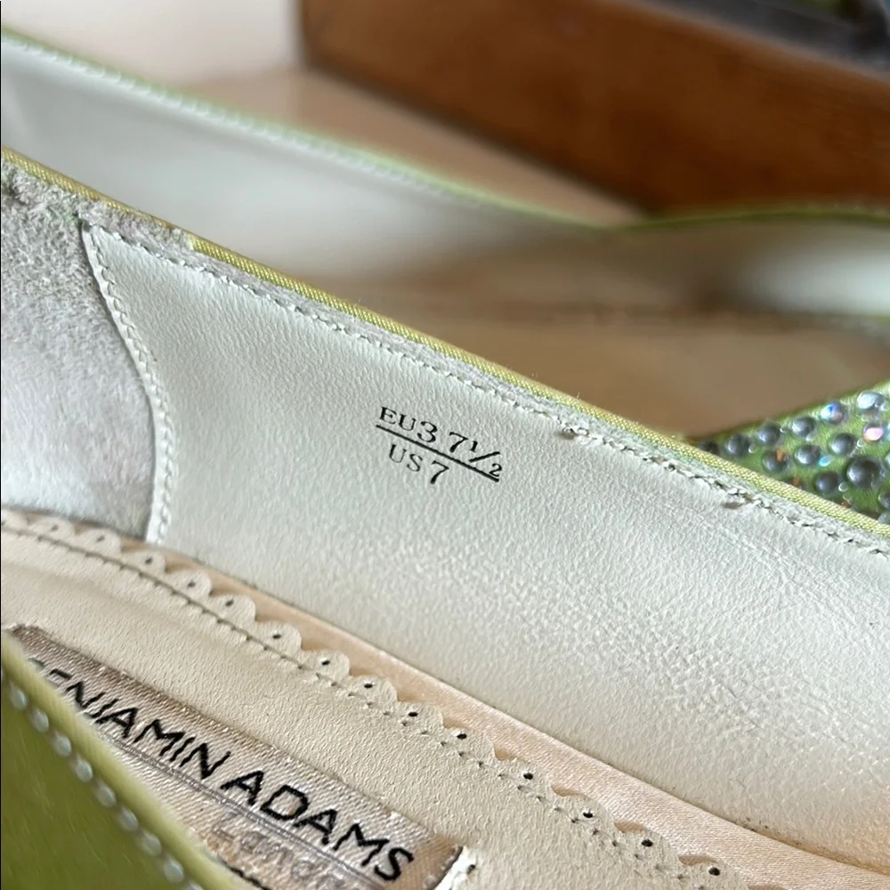 Green and Silver Peep-Toe Flats with Metallic Finish
